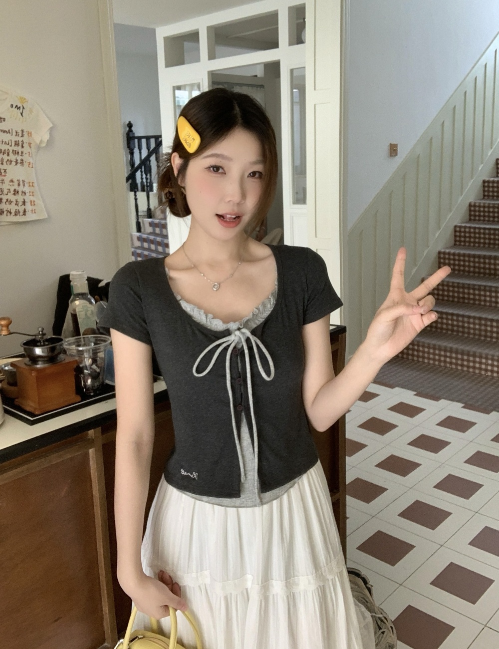 Lace collar short sleeve large yard spicegirl frenum T-shirt