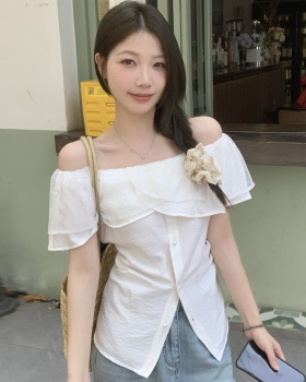 Flat shoulder lace pinched waist tops slim fold shirt