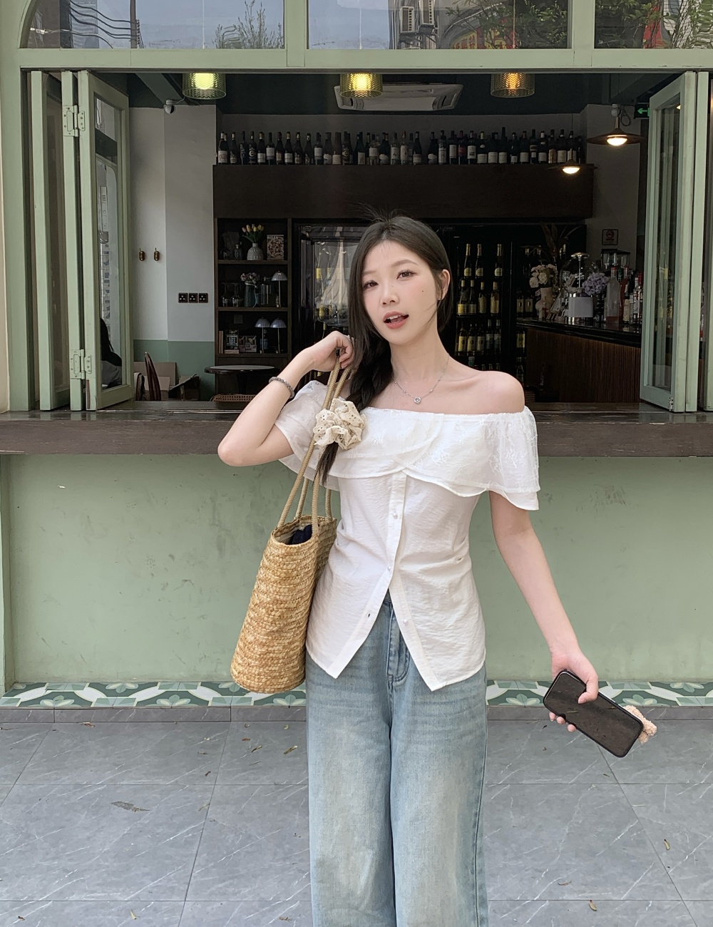 Flat shoulder lace pinched waist tops slim fold shirt