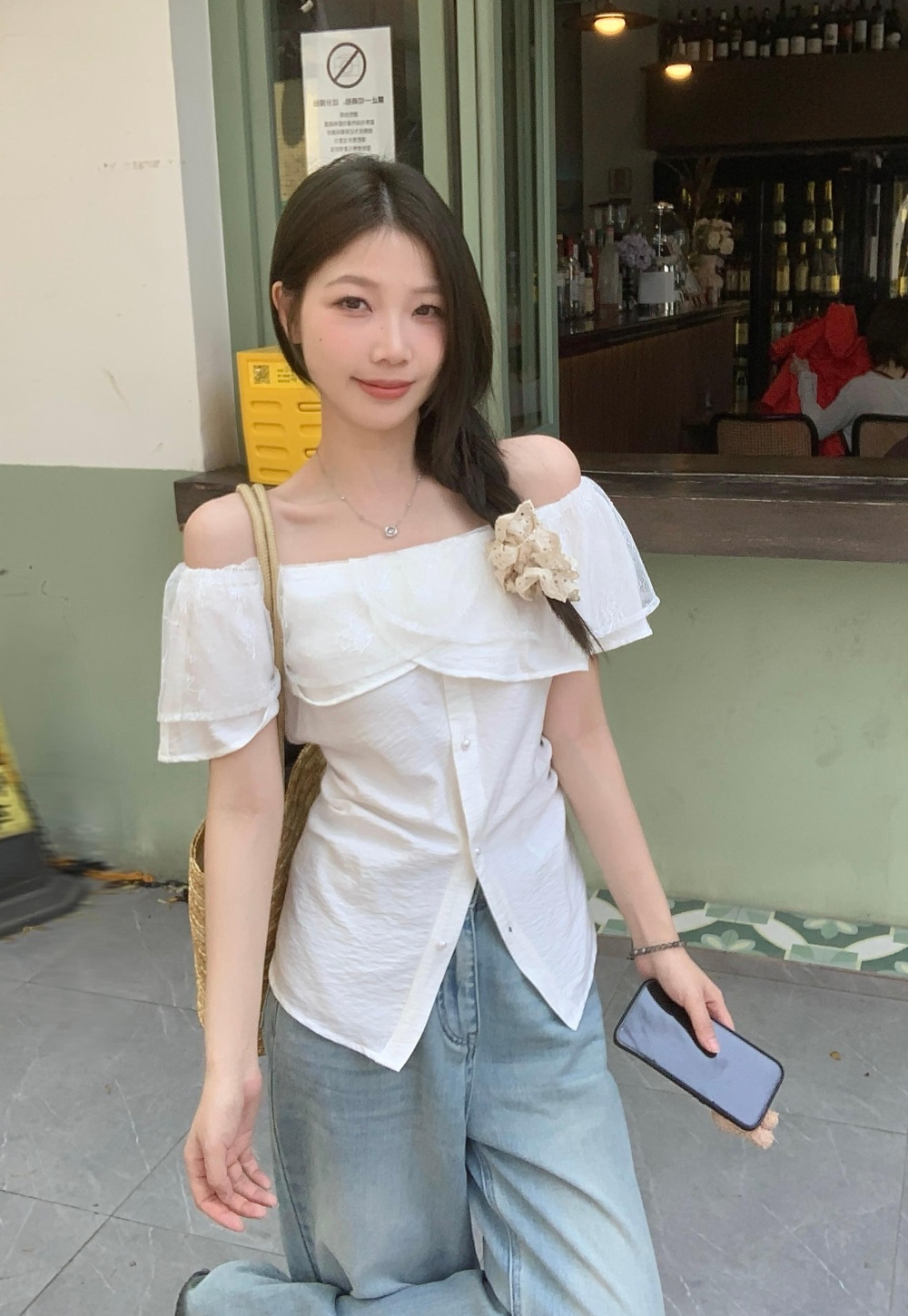 Flat shoulder lace pinched waist tops slim fold shirt