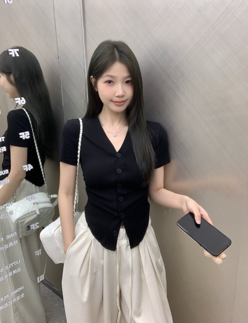 V-neck fold slim T-shirt large yard arc buckle tops