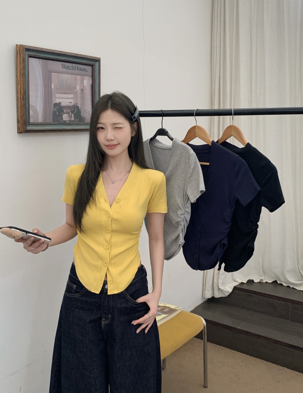 V-neck fold slim T-shirt large yard arc buckle tops