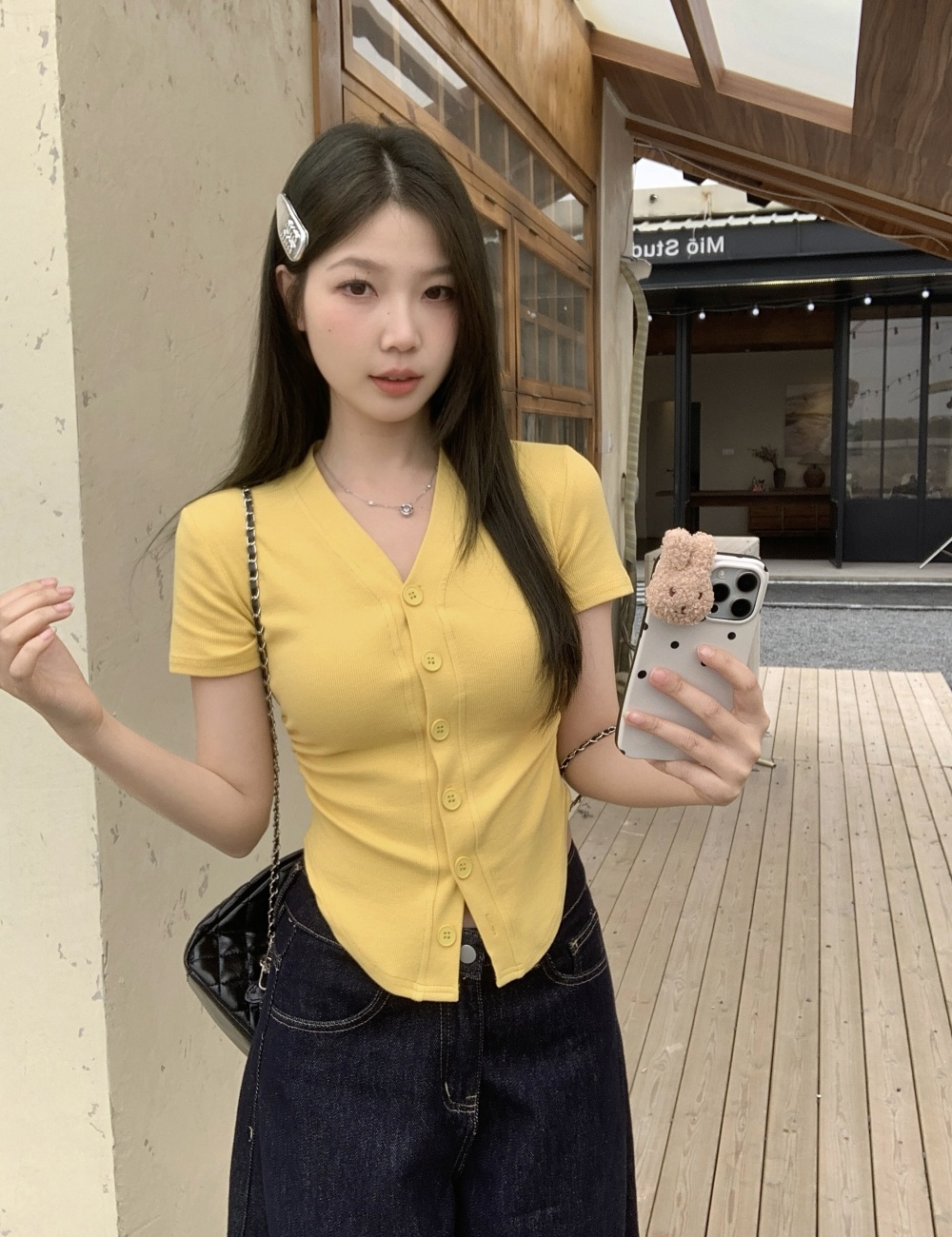 V-neck fold slim T-shirt large yard arc buckle tops