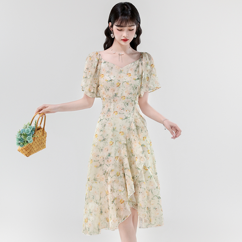 Chiffon puff sleeve temperament dress for women
