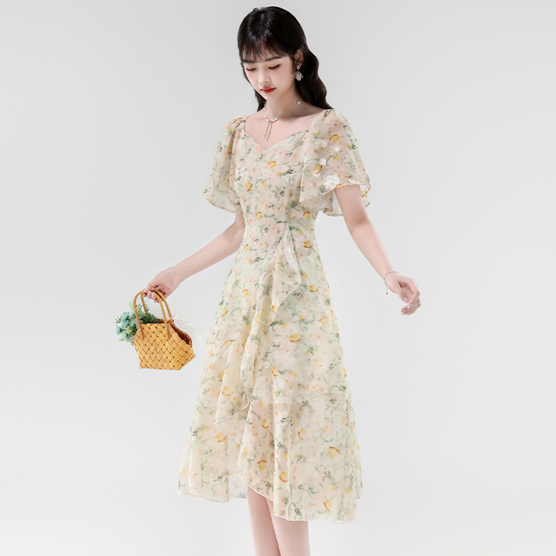 Chiffon puff sleeve temperament dress for women