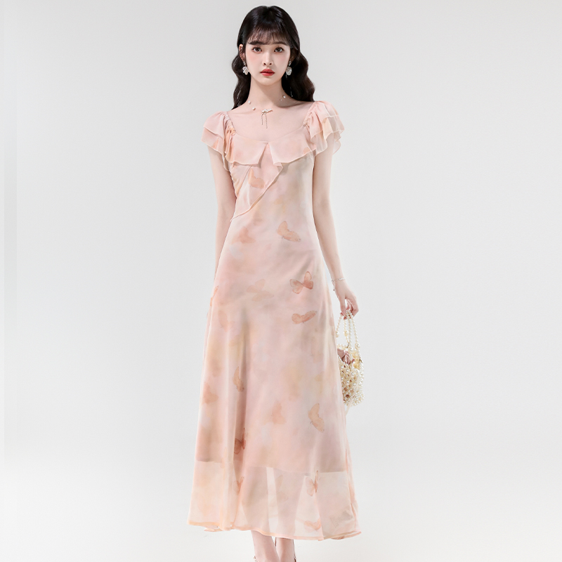 Tender niche slim dress temperament floral long dress