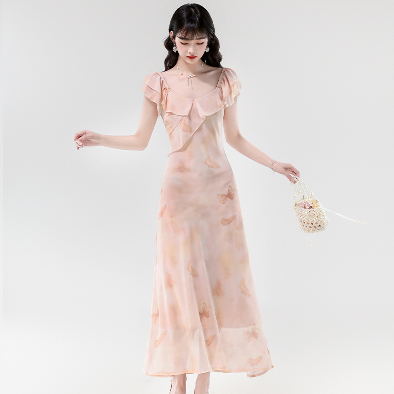 Tender niche slim dress temperament floral long dress