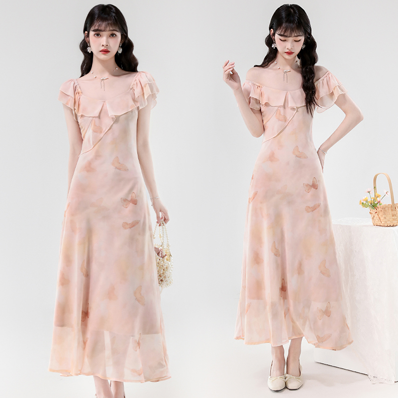 Tender niche slim dress temperament floral long dress