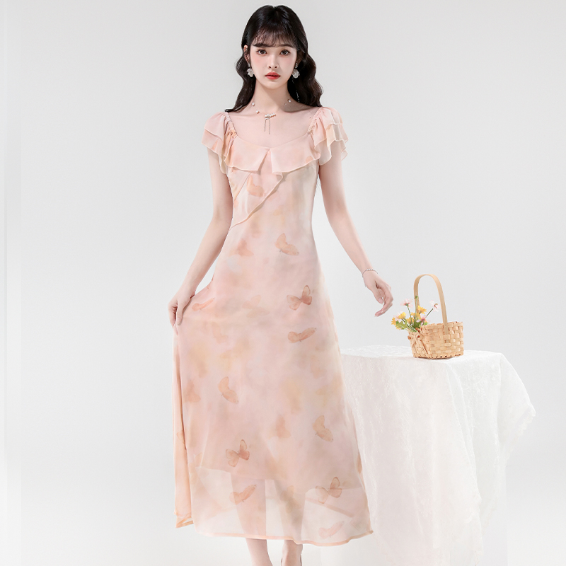 Tender niche slim dress temperament floral long dress