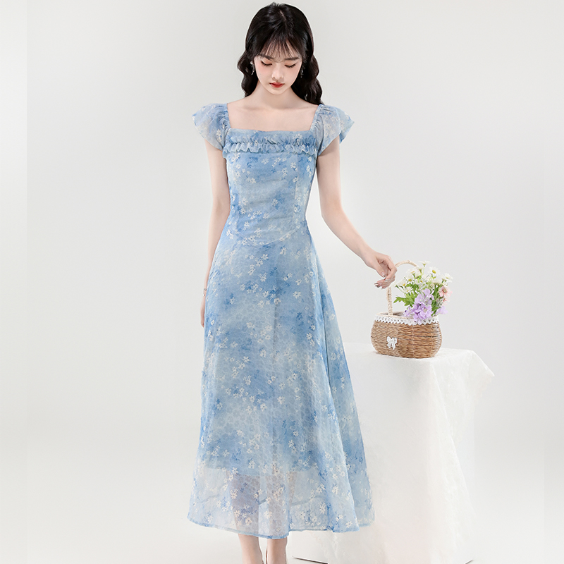 Slim square collar France style tender long summer dress