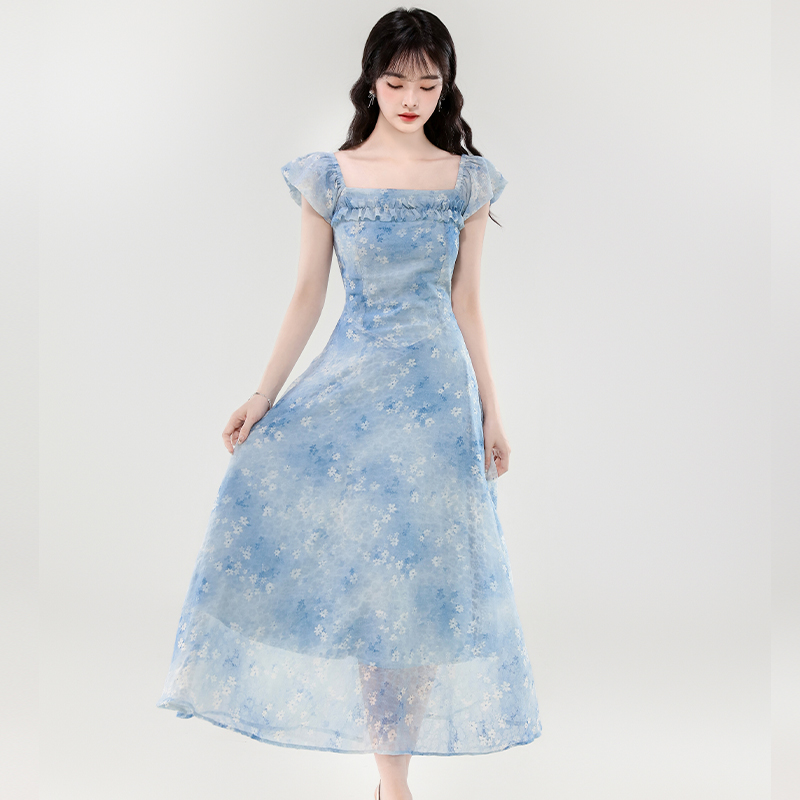 Slim square collar France style tender long summer dress