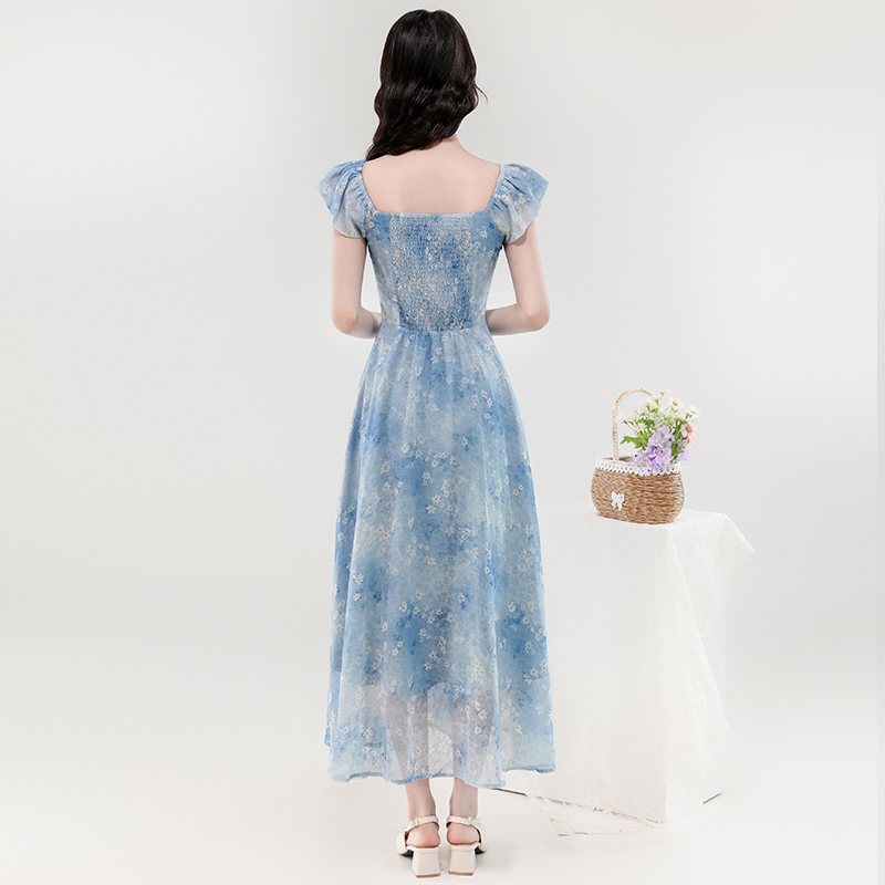 Slim square collar France style tender long summer dress