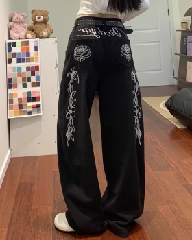 American style loose jeans embroidery wide leg pants