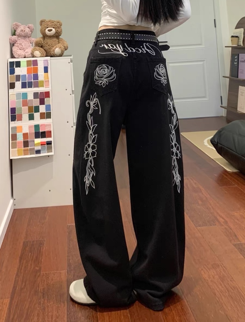 American style loose jeans embroidery wide leg pants