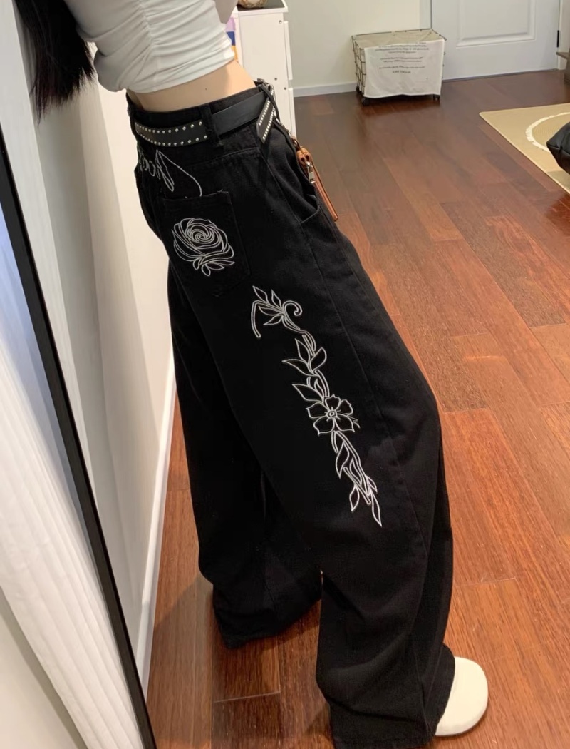 American style loose jeans embroidery wide leg pants
