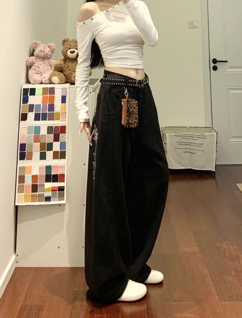 American style loose jeans embroidery wide leg pants
