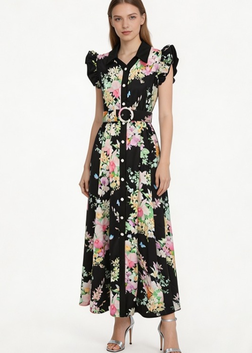 Retro spring and summer flowers boats sleeve dress