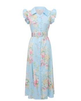 Flowers boats sleeve lotus leaf edges retro dress