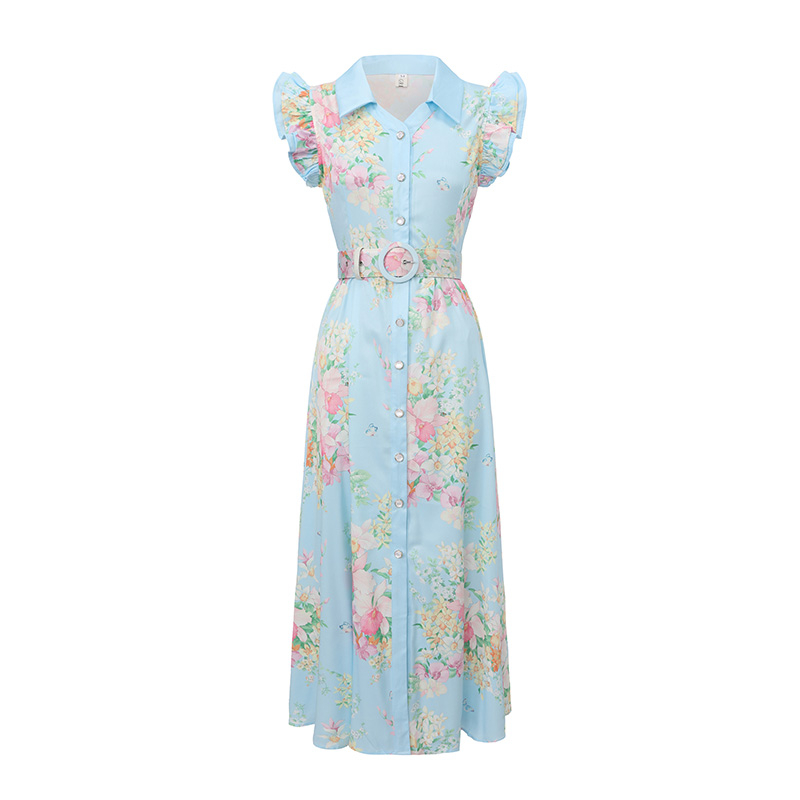 Flowers boats sleeve lotus leaf edges retro dress