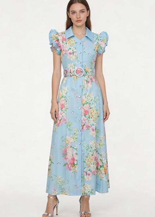 Flowers boats sleeve lotus leaf edges retro dress