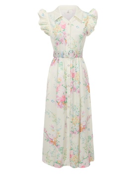 Lotus leaf edges boats sleeve long pattern dress