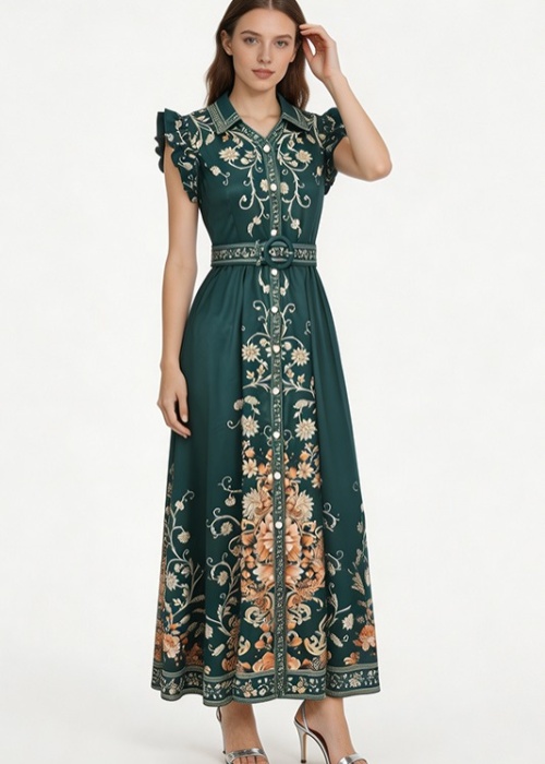 Lotus leaf edges long flowers spring and summer retro dress
