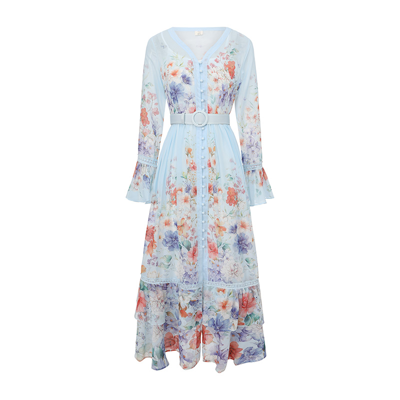 Printing spring and summer splice V-neck dress