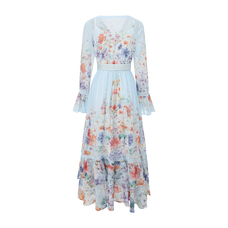 Printing spring and summer splice V-neck dress