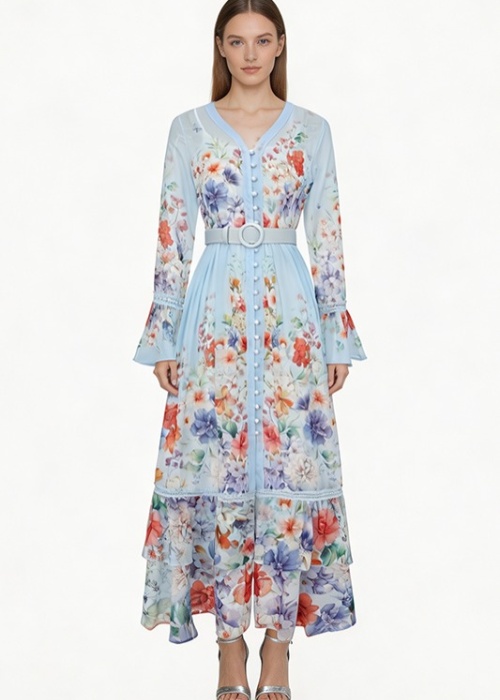 Printing spring and summer splice V-neck dress