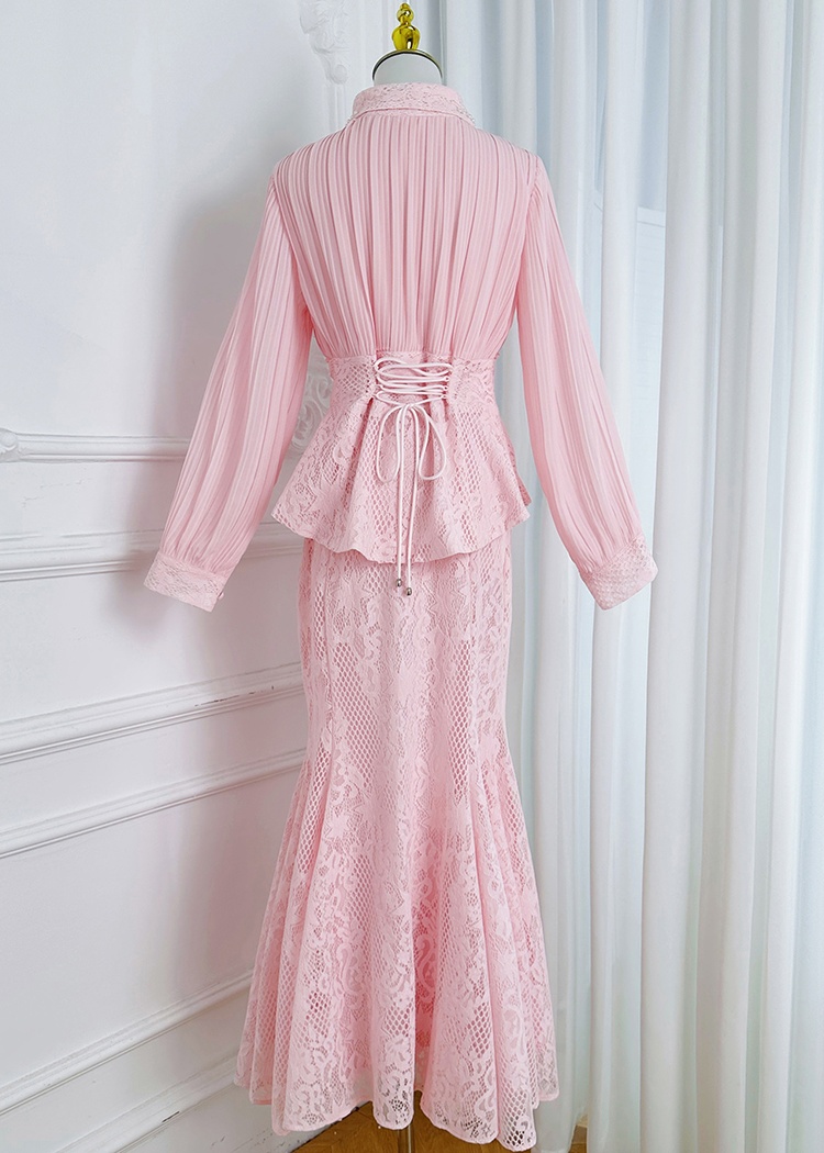 Fashion lace mermaid splice chiffon skirt a set