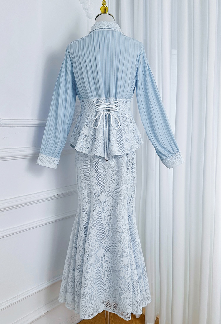 Fashion lace mermaid splice chiffon skirt a set