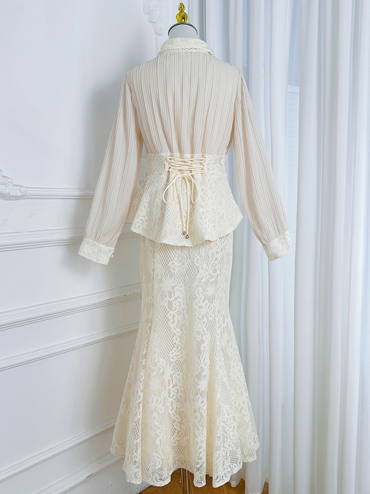 Fashion lace mermaid splice chiffon skirt a set