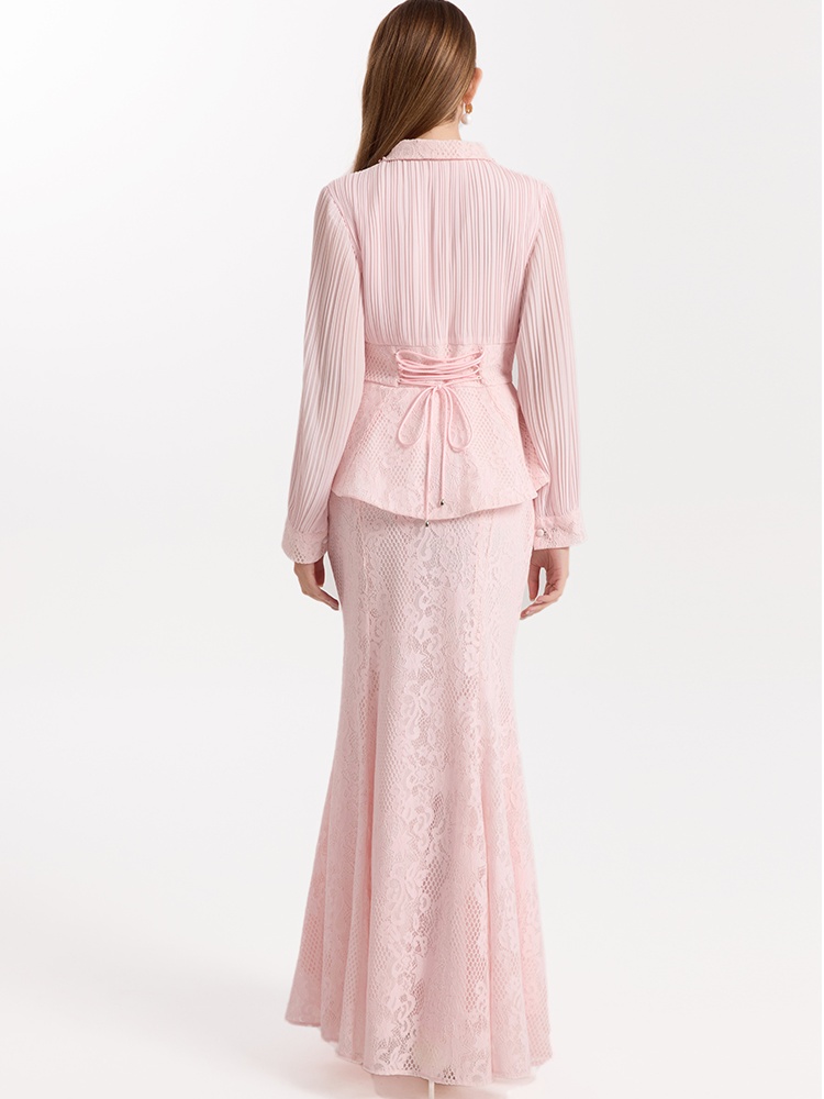 Fashion lace mermaid splice chiffon skirt a set