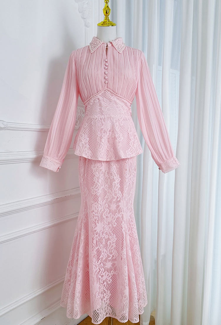 Fashion lace mermaid splice chiffon skirt a set