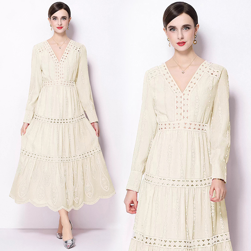 Pinched waist retro long sleeve temperament slim V-neck dress