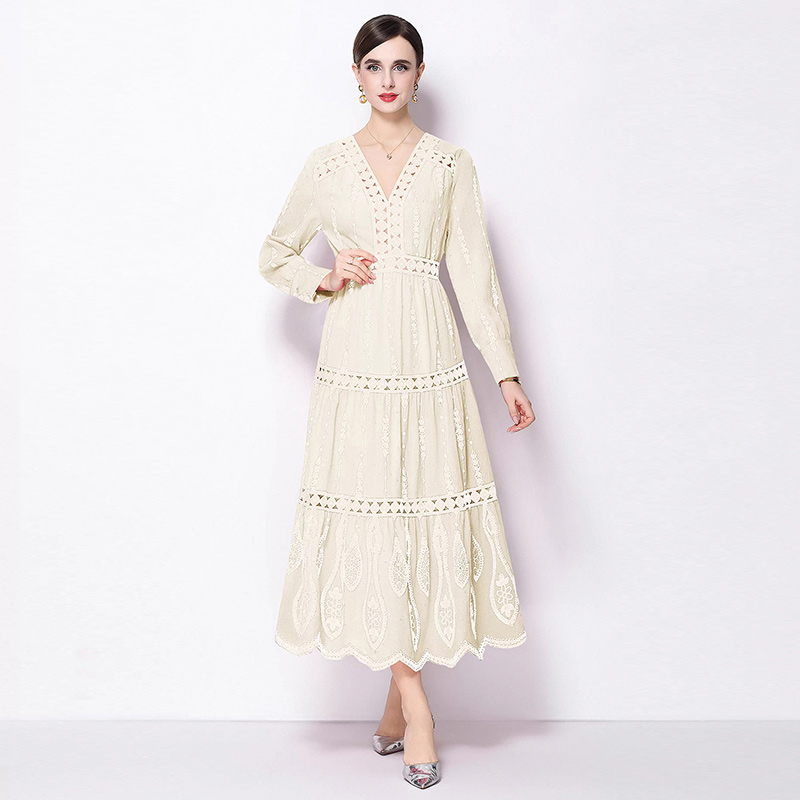 Pinched waist retro long sleeve temperament slim V-neck dress