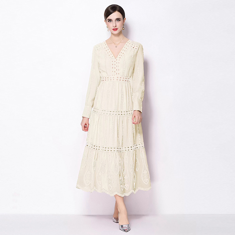 Pinched waist retro long sleeve temperament slim V-neck dress