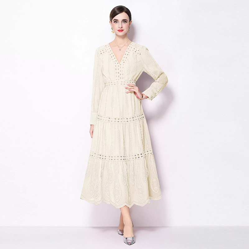 Pinched waist retro long sleeve temperament slim V-neck dress