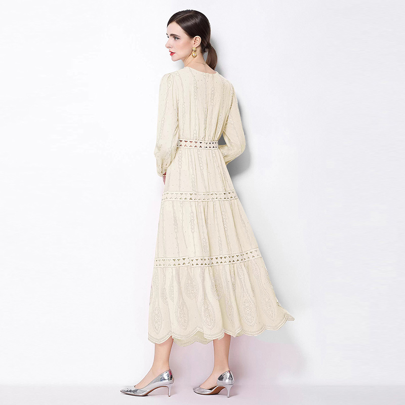 Pinched waist retro long sleeve temperament slim V-neck dress