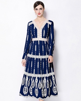 V-neck long sleeve temperament A-line retro dress for women