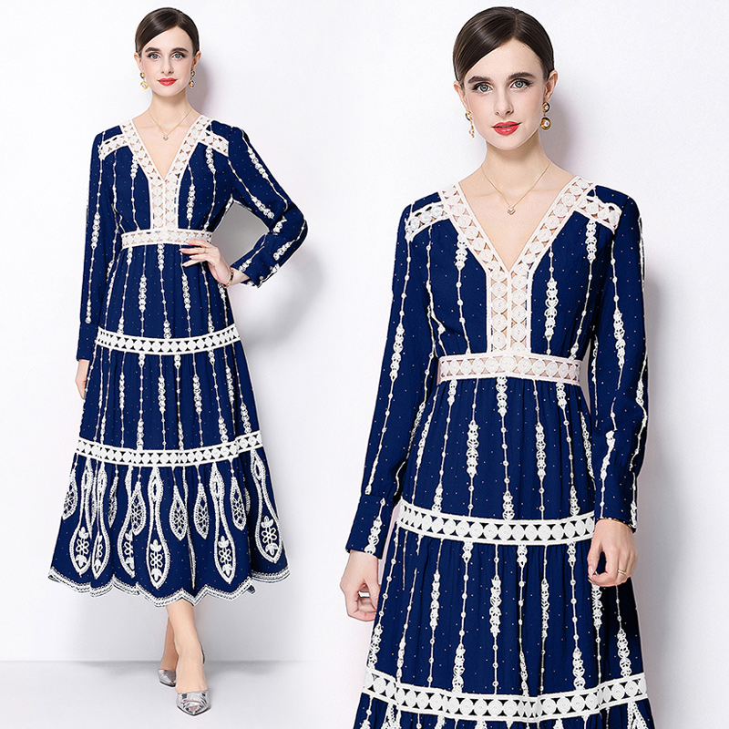 V-neck long sleeve temperament A-line retro dress for women