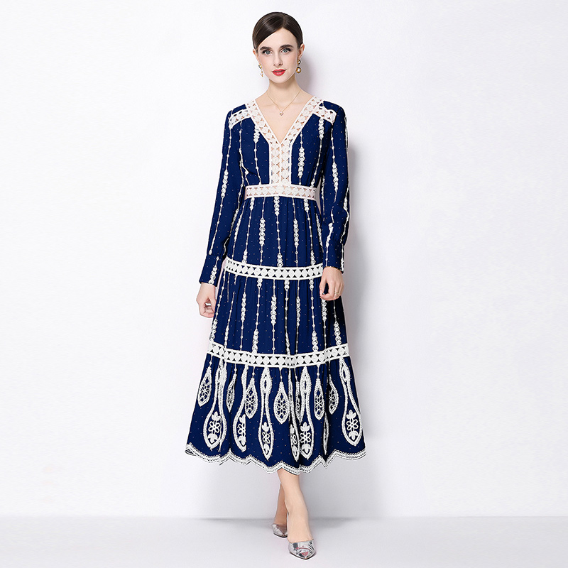 V-neck long sleeve temperament A-line retro dress for women