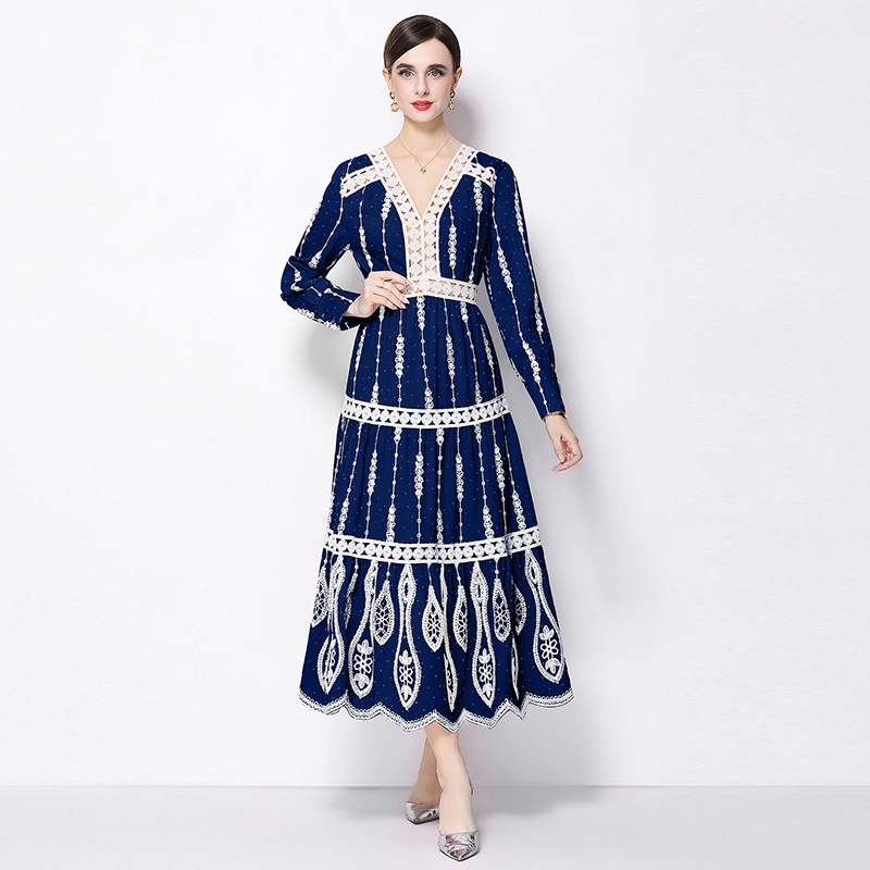 V-neck long sleeve temperament A-line retro dress for women