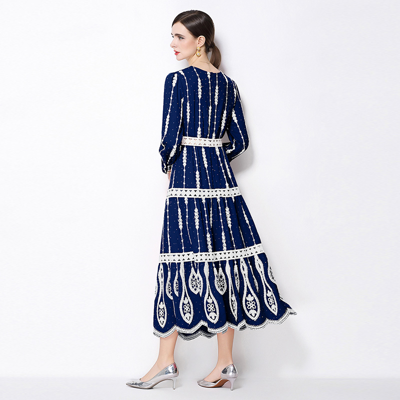 V-neck long sleeve temperament A-line retro dress for women