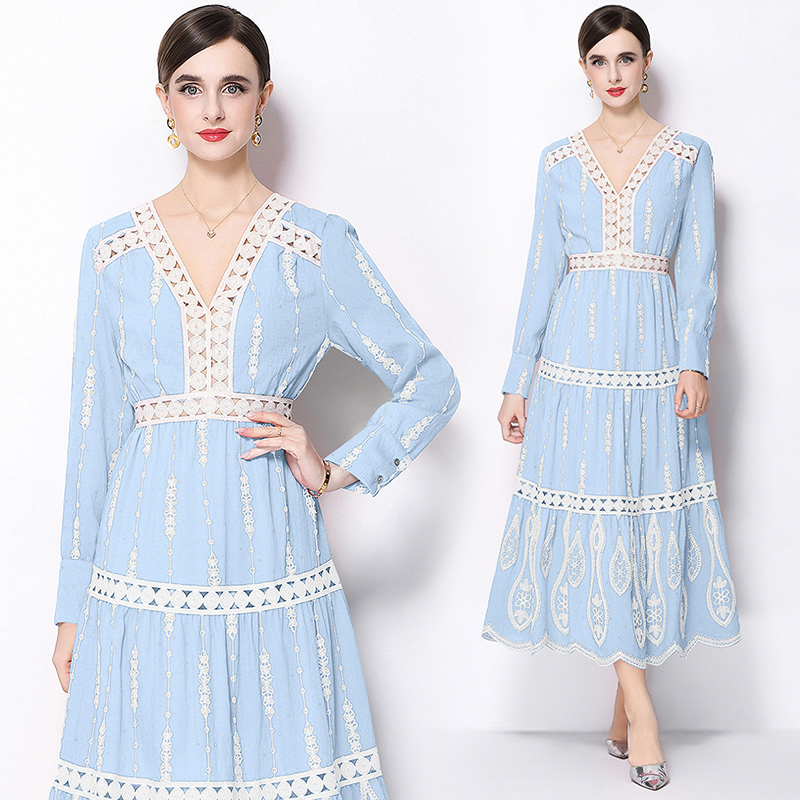 France style V-neck retro long sleeve dress for women