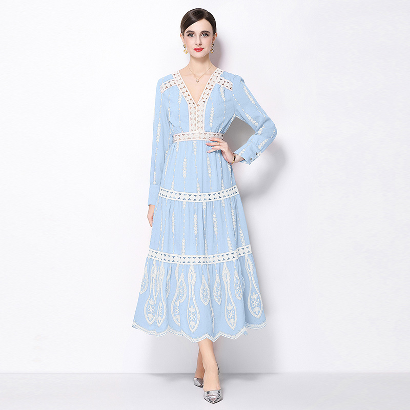 France style V-neck retro long sleeve dress for women