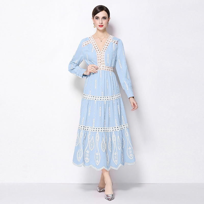 France style V-neck retro long sleeve dress for women