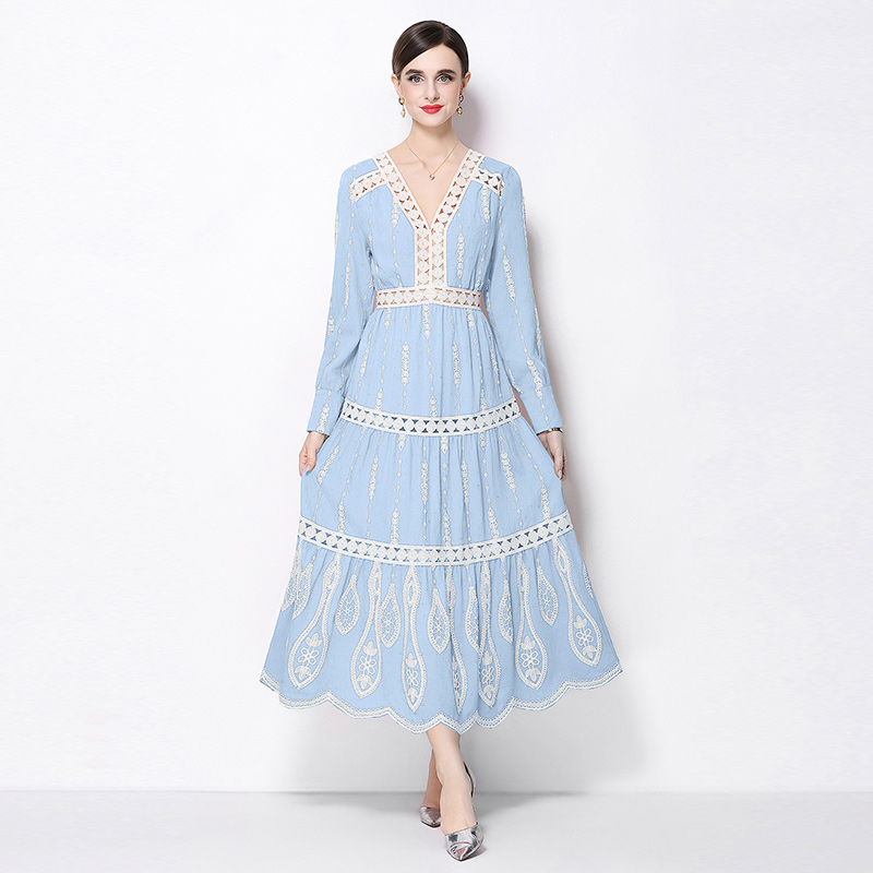 France style V-neck retro long sleeve dress for women