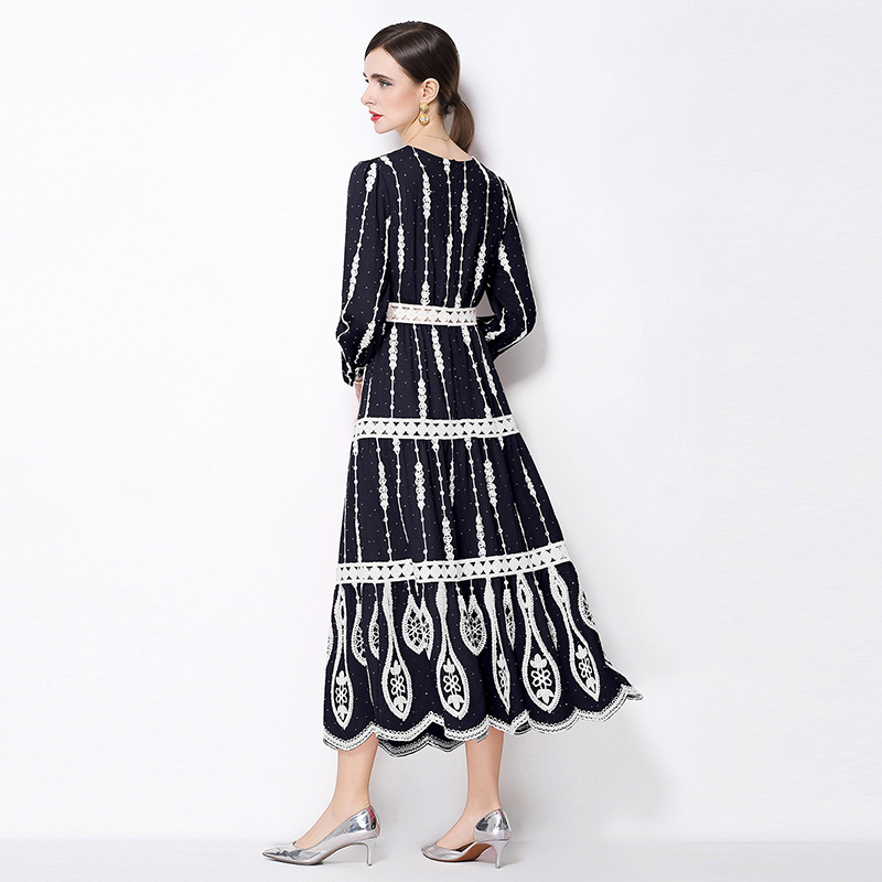 A-line slim France style V-neck long sleeve dress for women