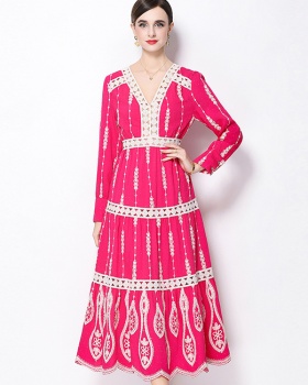 Pinched waist retro temperament long sleeve dress for women